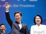 New South Korean President Lee Jae-myung and his wife Kim Hye-kyung at the National Assembly in Seoul on June 4.(REUTERS)