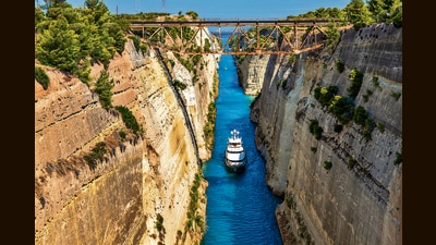 A view of the Corinth Canal, where a paved track once allowed ships to be hauled overland. (Adobe Stock) A view of the Corinth Canal, where a paved track once allowed ships to be hauled overland. (Adobe Stock)