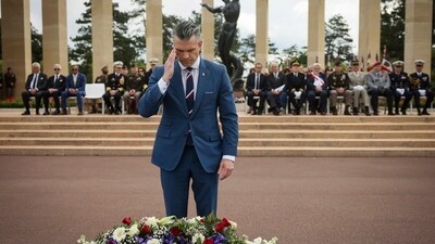 U.S. Defense Secretary Pete Hegseth honored the 81st anniversary of the D-Day landings on Friday, June 6, 2025, by laying a wreath at the American cemetery in Colleville-sur-Mer, Normandy. AP/PTI(AP06_06_2025_000326A) (AP) U.S. Defense Secretary Pete Hegseth honored the 81st anniversary of the D-Day landings on Friday, June 6, 2025, by laying a wreath at the American cemetery in Colleville-sur-Mer, Normandy. AP/PTI(AP06_06_2025_000326A) (AP)