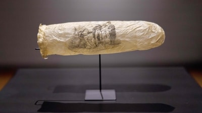 The playful prophylactic is believed to be made around 1830 from a sheep's appendix. (AFP) The playful prophylactic is believed to be made around 1830 from a sheep's appendix. (AFP)