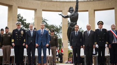 U.S. Defense Secretary Pete Hegseth and French Defense Minister Sébastien Lecornu attended a solemn ceremony at the American Cemetery in Colleville-sur-Mer on June 6, 2025, marking the 81st anniversary of the D-Day landings. (AP Photo/Thomas Padilla) (AP) U.S. Defense Secretary Pete Hegseth and French Defense Minister Sébastien Lecornu attended a solemn ceremony at the American Cemetery in Colleville-sur-Mer on June 6, 2025, marking the 81st anniversary of the D-Day landings. (AP Photo/Thomas Padilla) (AP)