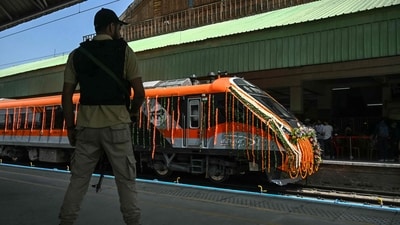 A security personnel stands guard near a Vande Bharat passenger train at the Srinagar railway station in Srinagar on June 6, 2025, ahead of the inauguration of the Kashmir rail link by Prime Minister Narendra Modi. (AFP) A security personnel stands guard near a Vande Bharat passenger train at the Srinagar railway station in Srinagar on June 6, 2025, ahead of the inauguration of the Kashmir rail link by Prime Minister Narendra Modi. (AFP)