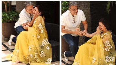 Bhagyashree shared pictures from a surprise proposal by her husband Himalay Dassani, on Friday. (Instagram/bhagyashree.online) Bhagyashree shared pictures from a surprise proposal by her husband Himalay Dassani, on Friday. (Instagram/bhagyashree.online)