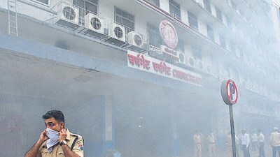 Mumbai, India – 05, June 2025: Fire Fighter douses the major fire was reported inside a shop at Mumbai's iconic Churchgate station, in Mumbai, India, on Thursday, June 05, 2025. (Photo by Bhushan Koyande/HT Photo) Mumbai, India – 05, June 2025: Fire Fighter douses the major fire was reported inside a shop at Mumbai's iconic Churchgate station, in Mumbai, India, on Thursday, June 05, 2025. (Photo by Bhushan Koyande/HT Photo)