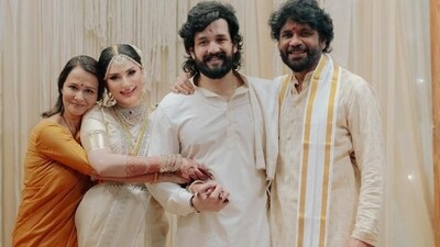 Amala Akkineni, Zainab Ravdjee, Akhil Akkineni and Nagarjuna all smiles at the wedding.