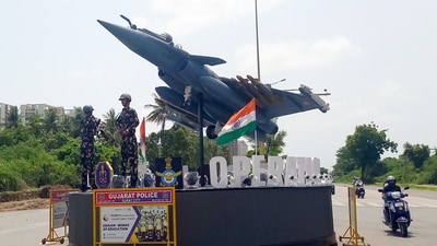A view of an installation set up in dedication for Operation Sindoor, at Pal Road in Surat on Friday. (ANI)