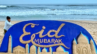 Puri: Sand artist Sudarsan Pattnaik makes a sand sculpture on the eve of Eid al-Adha, at Puri beach, in Odisha, Friday, June 6, 2025. (PTI) Puri: Sand artist Sudarsan Pattnaik makes a sand sculpture on the eve of Eid al-Adha, at Puri beach, in Odisha, Friday, June 6, 2025. (PTI)