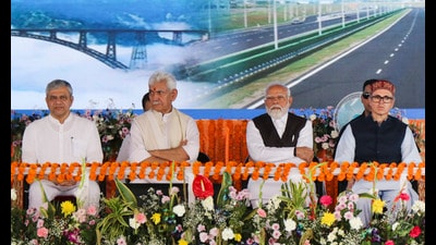 Prime Minister Narendra Modi, Jammu and Kashmir Lt. Governor Manoj Sinha, Chief Minister Omar Abdullah and Union Railways Minister Ashwini Vaishnaw during a public rally at Katra, in Reasi district, on Friday. (PTI)