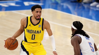 Tyrese Haliburton #0 of the Indiana Pacers is defended by Luguentz Dort #5 of the Oklahoma City Thunder during the second quarter in Game One of the 2025 NBA Finals at Paycom Center on June 05, 2025 in Oklahoma City, (Getty Images via AFP)