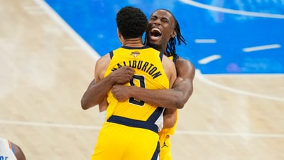 Indiana Pacers forward Aaron Nesmith (23) and guard Tyrese Haliburton celebrate after a play against the Oklahoma City Thunder (IMAGN IMAGES via Reuters Connect)