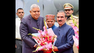 Vice President Jagdeep Dhankhar being welcomed by Himachal Pradesh Governor Shiv Pratap Shukla and Chief Minister Sukhvinder Singh Sukhu upon his arrival in Shimla. (PTI)