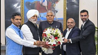 Vice president Jagdeep Dhankhar during a meeting with Punjab & Haryana High Court Bar Association president Sartej Singh Narula, and others at Punjab Raj Bhawan in Chandigarh. (Sourced) Vice president Jagdeep Dhankhar during a meeting with Punjab & Haryana High Court Bar Association president Sartej Singh Narula, and others at Punjab Raj Bhawan in Chandigarh. (Sourced)