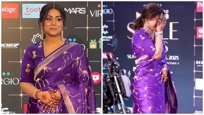 Hina Khan arrives at Style Icon Awards in a purple saree. Hina Khan arrives at Style Icon Awards in a purple saree.