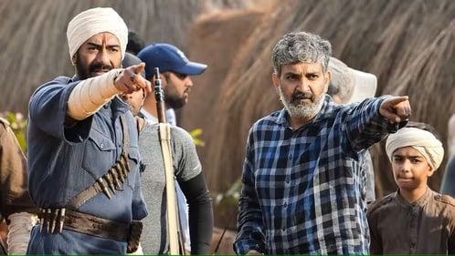 Ajay Devgn with SS Rajamouli on the sets of RRR.