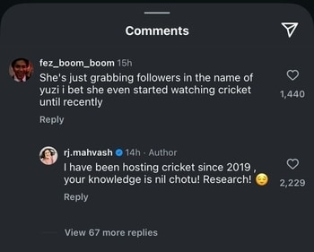 RJ Mahvash claps back at troll for saying she's grabbing followers using Chahal's name. RJ Mahvash claps back at troll for saying she's grabbing followers using Chahal's name.