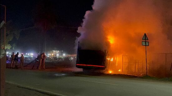 All 12 passengers on board were evacuated before the flames completely gutted the vehicle. (HT Photo)