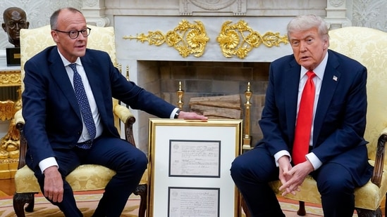 US President Donald Trump, right, and Friedrich Merz, Germany's chancellor, during a meeting in the Oval Office of the White House in Washington, DC, US, on Thursday, June 5, 2025. (Bloomberg)