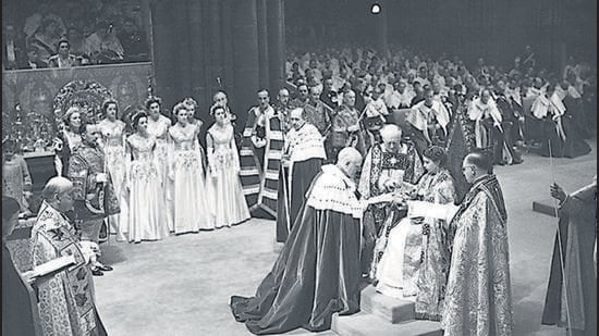 The coronation ceremony of Queen Elizabeth II in Westminster Abbey, London, on 2nd June 1953. The ceremony is presided over by Archbishop of Canterbury Geoffrey Fisher (1887 - 1972, foreground, third from right). (Getty Images)