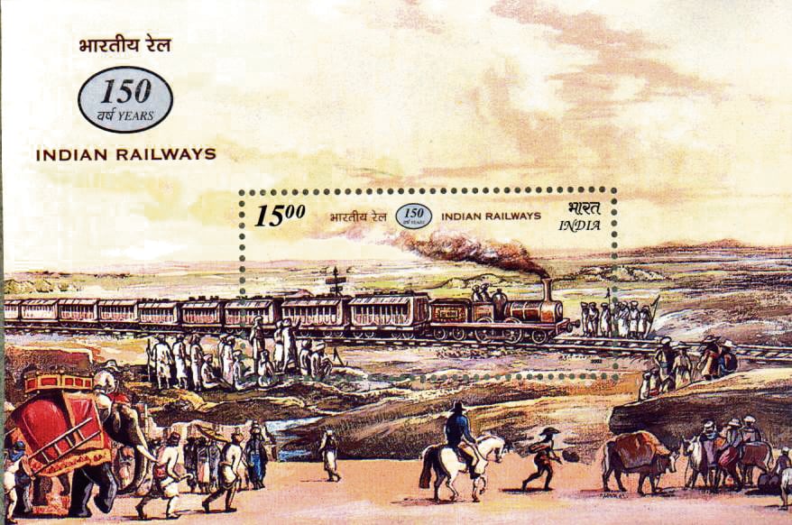 A stamp from 2002 celebrating 150 years of the Indian Railways. A stamp from 2002 celebrating 150 years of the Indian Railways.