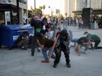 Protesters blocking the garage entrance of the Los Angeles Federal Building react as police fires pepper spray at them following multiple detentions by ICE in Los Angeles Protesters blocking the garage entrance of the Los Angeles Federal Building react as police fires pepper spray at them following multiple detentions by ICE in Los Angeles
