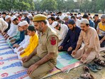 People offer namaz on the occasion of the Eid al-Adha festival