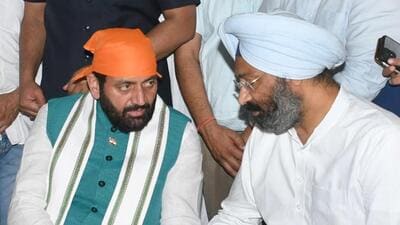 Haryana chief minister Nayab Singh Saini and late Akali leader Sukhdev Singh Dhindsa’s son Parminder Singh Dhindsa in Sangrur on Saturday. (HT Photo) Haryana chief minister Nayab Singh Saini and late Akali leader Sukhdev Singh Dhindsa’s son Parminder Singh Dhindsa in Sangrur on Saturday. (HT Photo)