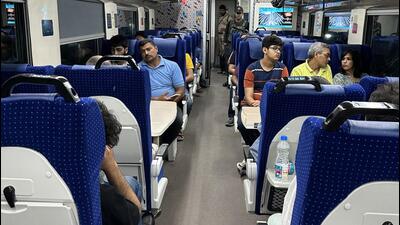 Passengers on board the Vande Bharat Express in Srinagar on Saturday. (Saurya Sengupta/HT Photo)