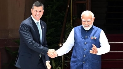Prime Minister Narendra Modi and Paraguayan President Santiago Peña in New Delhi on Monday. (Arvind Yadav/HT Photo) Prime Minister Narendra Modi and Paraguayan President Santiago Peña in New Delhi on Monday. (Arvind Yadav/HT Photo)