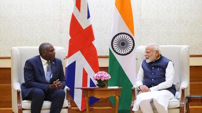 Prime Minister Narendra Modi meets UK Foreign Secretary David Lammy in New Delhi on Saturday. (ANI)