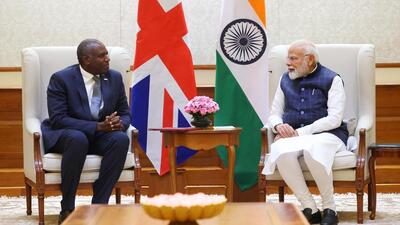 Prime Minister Narendra Modi meets UK foreign secretary David Lammy, in New Delhi on Saturday. (Narendra Modi-X) Prime Minister Narendra Modi meets UK foreign secretary David Lammy, in New Delhi on Saturday. (Narendra Modi-X)