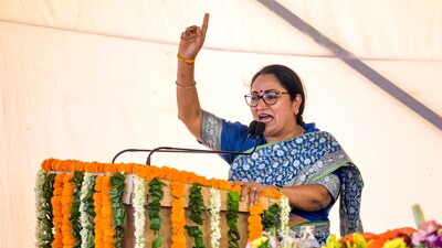 Delhi Chief Minister Rekha Gupta addresses the gathering on Friday, June 6. (PTI) Delhi Chief Minister Rekha Gupta addresses the gathering on Friday, June 6. (PTI)