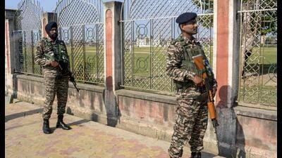 Security personnel standing guard outside Eidgah ground in Srinagar on Eid-ul-Azha on Saturday. The authorities barred Eid prayers at the ground and the Jama Masjid in the old city. (PTI Photo) Security personnel standing guard outside Eidgah ground in Srinagar on Eid-ul-Azha on Saturday. The authorities barred Eid prayers at the ground and the Jama Masjid in the old city. (PTI Photo)
