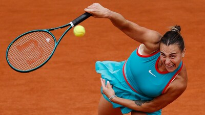 Belarus' Aryna Sabalenka in action during the women's singles final against Coco Gauff of the U.S. (REUTERS)
