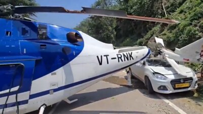 The helicopter departed from Badasu helipad at 12:52 pm and quickly landed on the main road just below the helipad. (PTI ) The helicopter departed from Badasu helipad at 12:52 pm and quickly landed on the main road just below the helipad. (PTI )