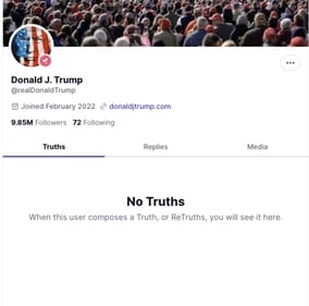 Screenshot of Truth Social's crash of Donald Trump's page on June 6. (X)