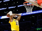 LeBron James #23 of the Los Angeles Lakers dunks the ball against the Minnesota Timberwolves during the second quarter in Game Five of the Western Conference First Round NBA Playoffs LeBron James #23 of the Los Angeles Lakers dunks the ball against the Minnesota Timberwolves during the second quarter in Game Five of the Western Conference First Round NBA Playoffs