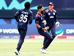 Ali Khan of USA (c) celebrates after dismissing Rishabh Pant during T20 World Cup 2024 Ali Khan of USA (c) celebrates after dismissing Rishabh Pant during T20 World Cup 2024