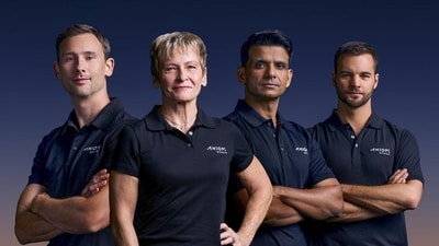 Axiom Mission 4 crew, from left to right, astronaut Slawosz Uznanski-Wisniewski of Poland, former NASA astronaut Peggy Whitson, Indian astronaut Shubhanshu Shukla, and Tibor Kapu of Hungary. (NASA) Axiom Mission 4 crew, from left to right, astronaut Slawosz Uznanski-Wisniewski of Poland, former NASA astronaut Peggy Whitson, Indian astronaut Shubhanshu Shukla, and Tibor Kapu of Hungary. (NASA)