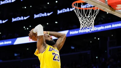 LeBron James #23 of the Los Angeles Lakers dunks the ball against the Minnesota Timberwolves during the second quarter in Game Five of the Western Conference First Round NBA Playoffs (Getty Images via AFP) LeBron James #23 of the Los Angeles Lakers dunks the ball against the Minnesota Timberwolves during the second quarter in Game Five of the Western Conference First Round NBA Playoffs (Getty Images via AFP)