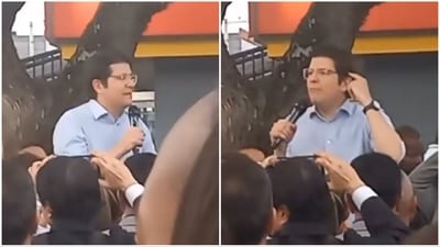 In a video shared on X, Turbay was seen delivering a speech at a public rally when gunfire erupted. (X/@Rincon001A) In a video shared on X, Turbay was seen delivering a speech at a public rally when gunfire erupted. (X/@Rincon001A)