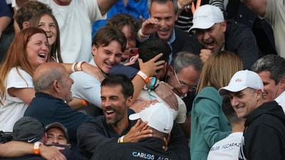 The match also saw Alcaraz save three match points in the fourth set. (AP) The match also saw Alcaraz save three match points in the fourth set. (AP)