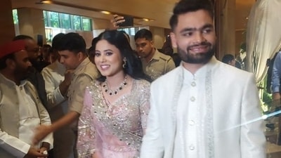 Rinku Singh and Priya Saroj during their engagement. (X/ Manish Yadav) Rinku Singh and Priya Saroj during their engagement. (X/ Manish Yadav)