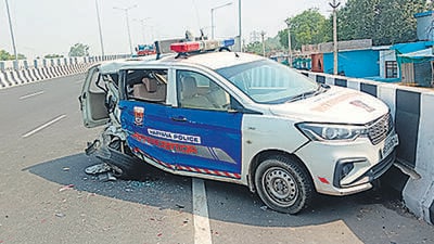 The mangled remains of the police interceptor. (HT Photo)