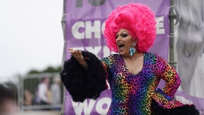 Drag performer Kasha Davis lit up the stage with song and dance at the WorldPride International Rally and March on Washington for Freedom on June 8, 2025, at the Lincoln Memorial.&nbsp;(Photo by Kent Nishimura / GETTY IMAGES NORTH AMERICA / Getty Images via AFP) (Getty Images via AFP)