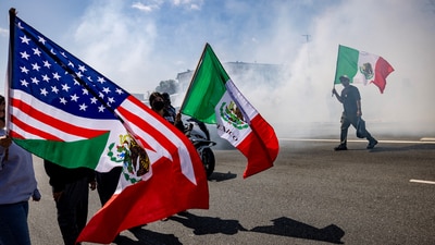 A man holds a Mexican flag during a standoff by protesters and law enforcement as immigration raids trigger LA protests. National Guard troops deployed in California, (Reuters)