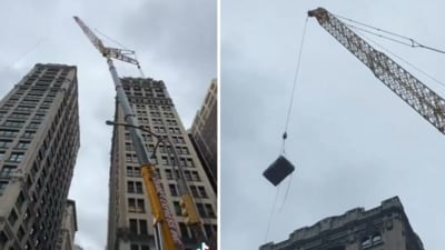 The item was hoisted toward the 24-story building known as 212 Fifth Avenue, where Bezos reportedly owns five apartments. (X/@mistergeezy) The item was hoisted toward the 24-story building known as 212 Fifth Avenue, where Bezos reportedly owns five apartments. (X/@mistergeezy)