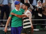 Winner Spain's Carlos Alcaraz, right, and Italy's Jannik Sinner hug after the final match of the French Tennis Open at the Roland-Garros stadium in Paris Winner Spain's Carlos Alcaraz, right, and Italy's Jannik Sinner hug after the final match of the French Tennis Open at the Roland-Garros stadium in Paris