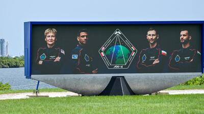 Axiom-4 astronauts, commander Peggy Whitson of U.S., pilot Shubhanshu Shukla of India, mission specialist Slawosz Uznanski-Wisniewski of Poland and mission specialist Tibor Kapu of Hungary, are pictured on the countdown video clock, as the SpaceX Falcon 9 rocket stands at Launch Complex 39-A after a delay of its mission to the International Space Station, in Cape Canaveral, Florida, U.S. (REUTERS) Axiom-4 astronauts, commander Peggy Whitson of U.S., pilot Shubhanshu Shukla of India, mission specialist Slawosz Uznanski-Wisniewski of Poland and mission specialist Tibor Kapu of Hungary, are pictured on the countdown video clock, as the SpaceX Falcon 9 rocket stands at Launch Complex 39-A after a delay of its mission to the International Space Station, in Cape Canaveral, Florida, U.S. (REUTERS)