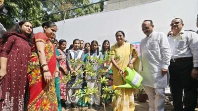 Delhi chief minister Rekha Gupta plants a sapling at Government Girls Senior Secondary School at Shalimar Bagh in New Delhi on Monday. (HT Photo) Delhi chief minister Rekha Gupta plants a sapling at Government Girls Senior Secondary School at Shalimar Bagh in New Delhi on Monday. (HT Photo)