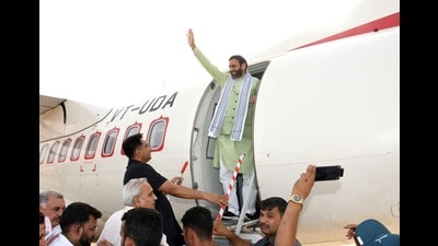 Haryana chief minister Nayab Singh Saini during the inauguration of the first commercial Hisar-Chandigarh flight in Hisar on Monday. (Sourced) Haryana chief minister Nayab Singh Saini during the inauguration of the first commercial Hisar-Chandigarh flight in Hisar on Monday. (Sourced)